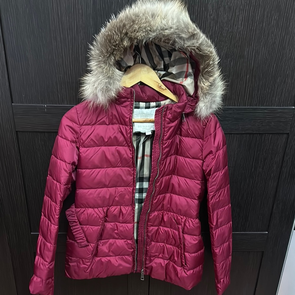 Burberry Kids Burgundy Puffer Jacket with Fur Hood